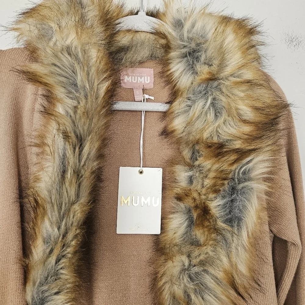 NWT Show Me Your MuMu cabin cardigan sweater with faux fur Trim Belt Size S